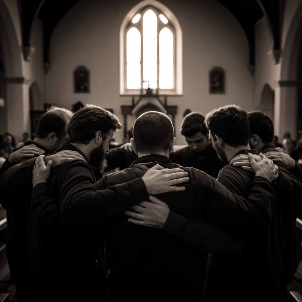 Men praying together in a circle