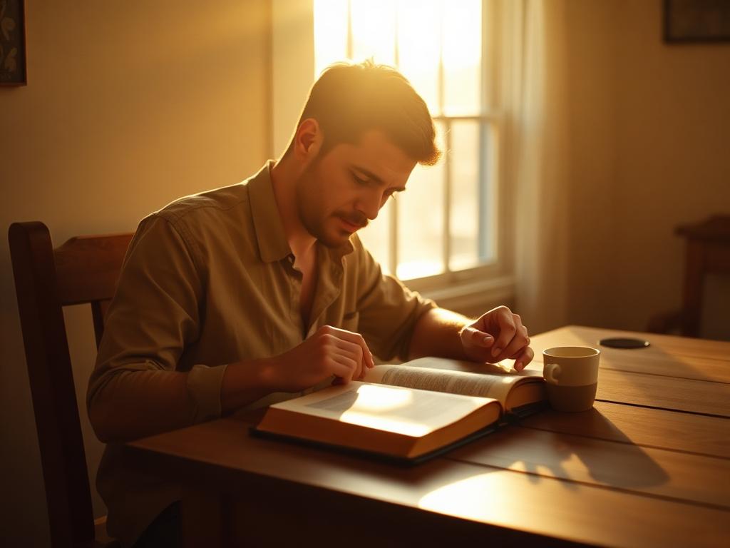 Man studying the Bible in morning light